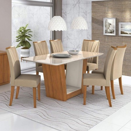 Conjunto de Mesa de Jantar Rovere Naturale/Off White com 6 Cadeiras Apogeu da Móveis Lopas